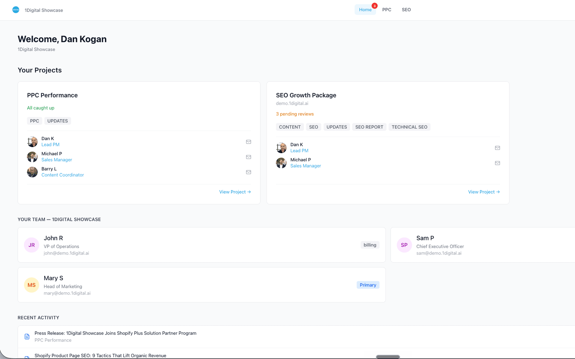 WorkspaceCRM Client Portal - Welcome dashboard showing projects, assigned team, client team, and recent activity