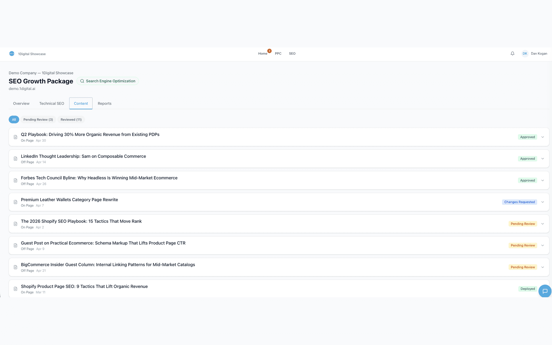WorkspaceCRM Client Portal - Content Approvals queue with article rows showing Approved, Changes Requested, Pending Review, and Deployed statuses