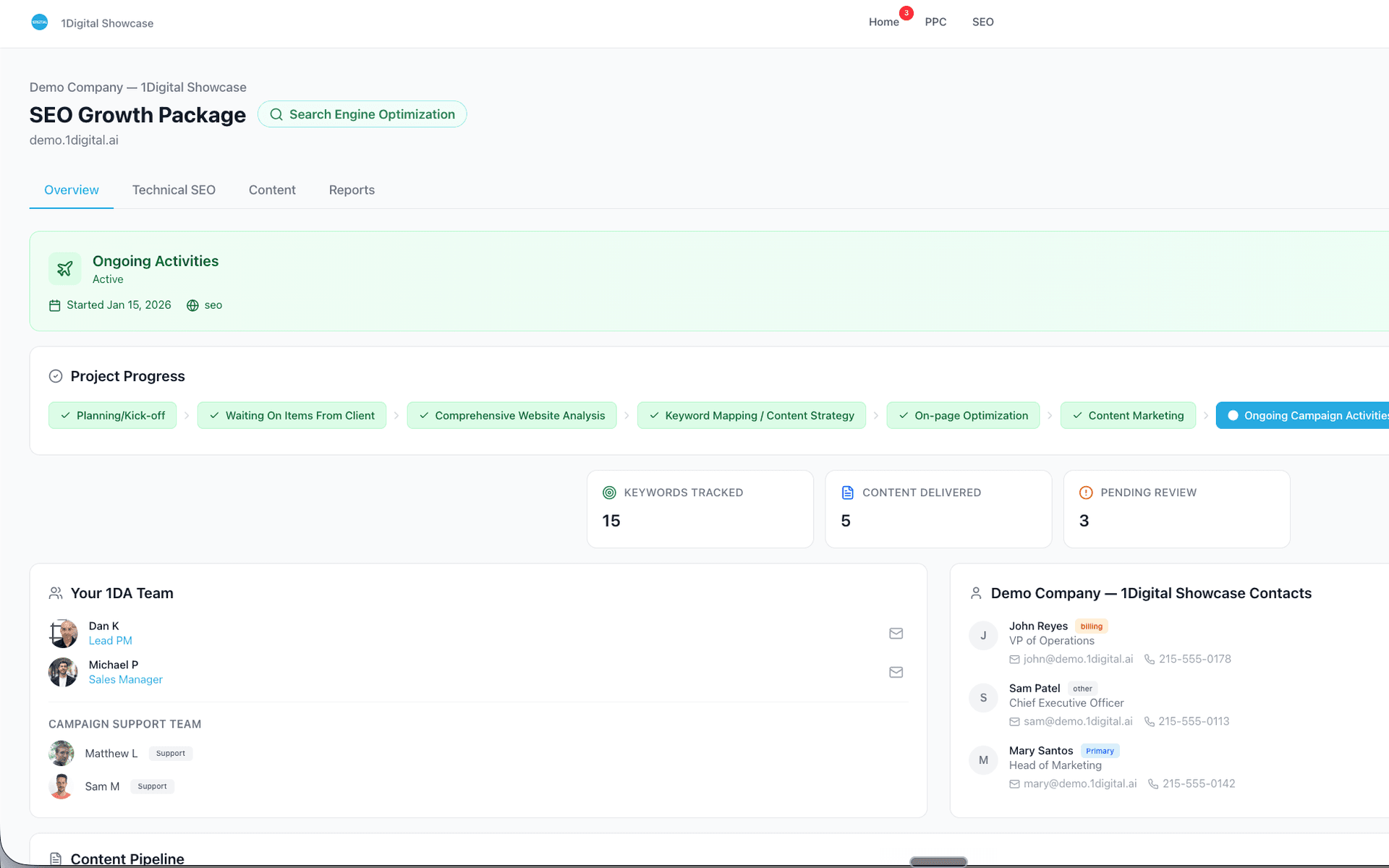 WorkspaceCRM Client Portal - SEO Growth Package project view with 7-stage progress, metrics, agency team, and client contacts