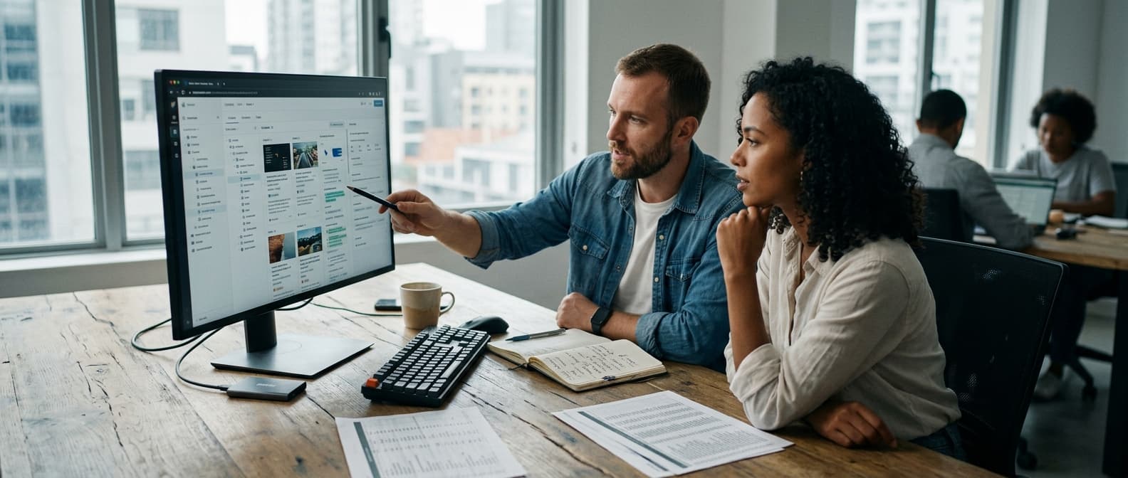 Content team using an AI-powered content management system to automate product page publishing on a modern dashboard