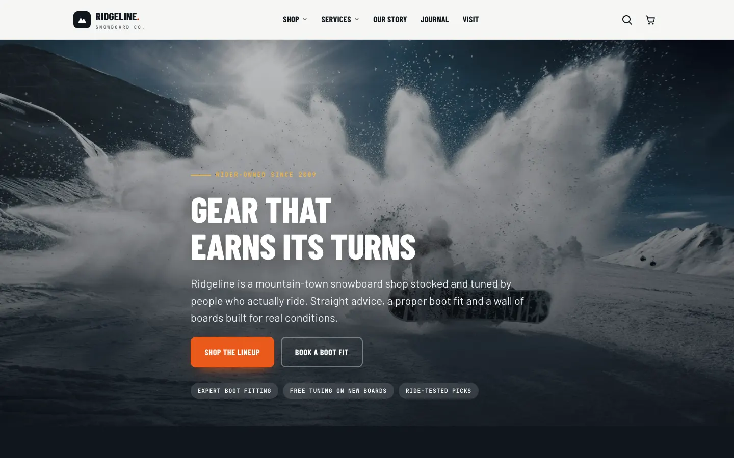 Ridgeline Board Co., a board shop demo store built on WorkspaceCMS