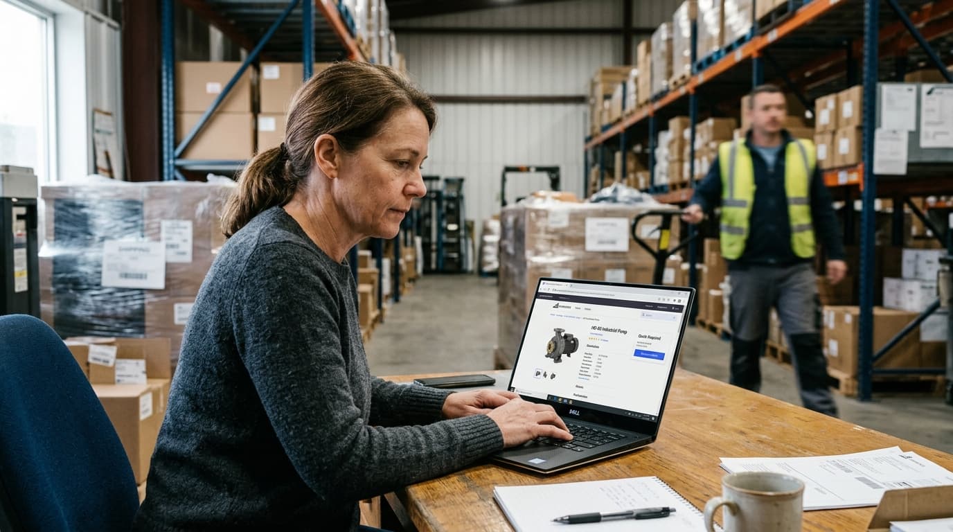 Woman types on a laptop showing an industrial pump product page in a warehouse.