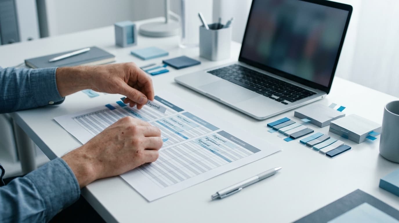 Desk with laptop, a spreadsheet highlighting page categories, and sticky notes with 'Transactional' and 'Informational'.
