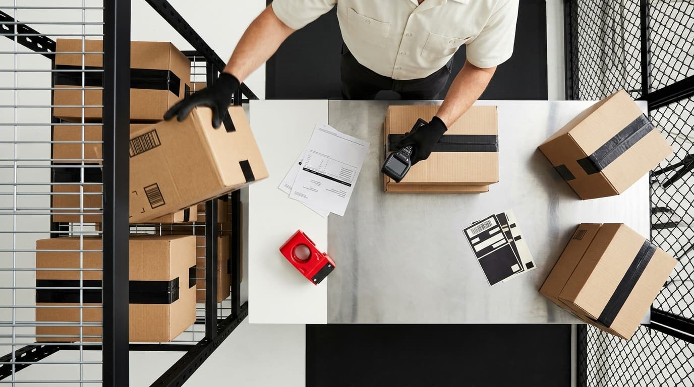 Gloved hands scan a package and place another on a metal warehouse shelf.