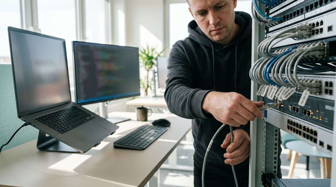 Man connecting a network cable into a server rack, with a laptop and monitor on a desk.