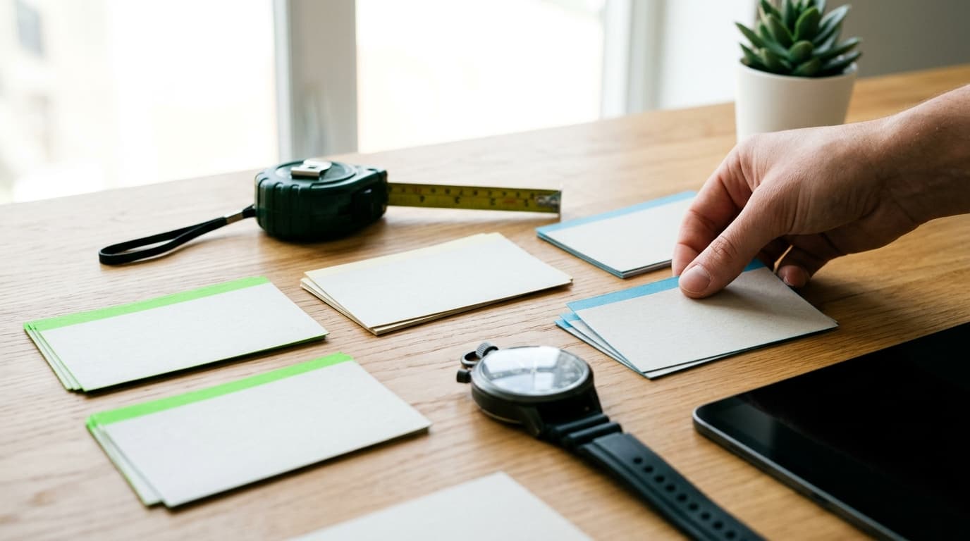 Hand picks blue-edged cards from a desk with green cards, tape measure, watch, and tablet.